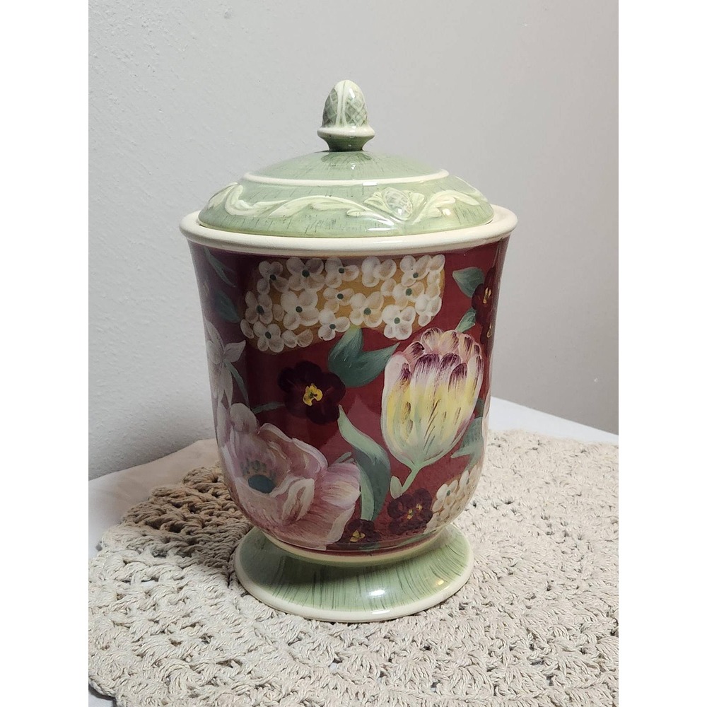 Certified International Pamela Gladding Floral Ceramic Canister Burgundy Green